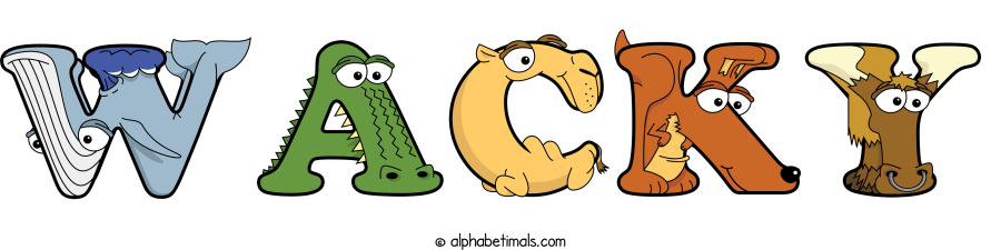 Wacky animal word art spelling Wacky with Alphabetimals - cartoon alphabet animals