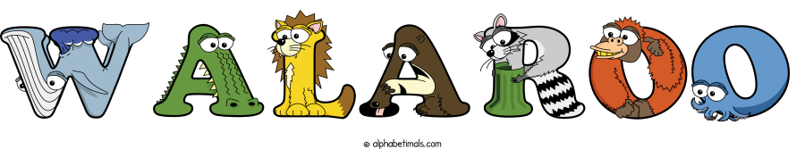 Walaroo animal word art spelling Walaroo with Alphabetimals - cartoon alphabet animals