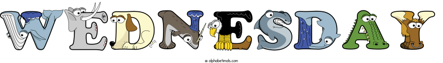 Wednesday animal word art spelling Wednesday with Alphabetimals - cartoon alphabet animals
