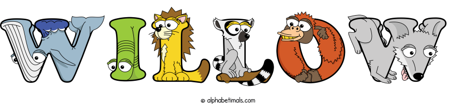Willow animal word art spelling Willow with Alphabetimals - cartoon alphabet animals
