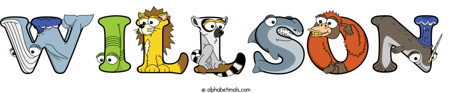 Willson animal word art spelling Willson with Alphabetimals - cartoon alphabet animals