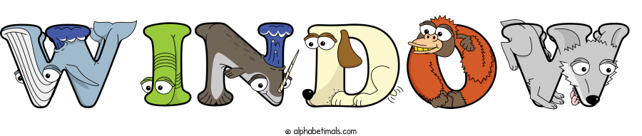 Window animal word art spelling Window with Alphabetimals - cartoon alphabet animals