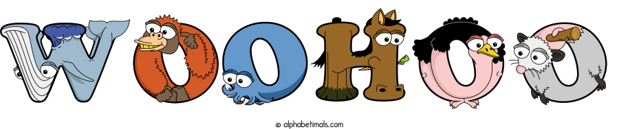 Woohoo animal word art spelling Woohoo with Alphabetimals - cartoon alphabet animals