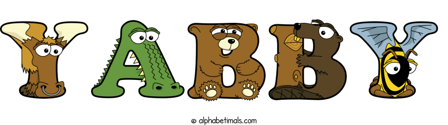 Yabby animal word art spelling Yabby with Alphabetimals - cartoon alphabet animals