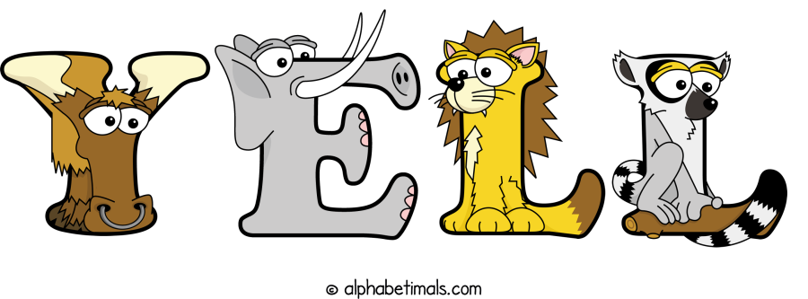 Yell animal word art spelling Yell with Alphabetimals - cartoon alphabet animals