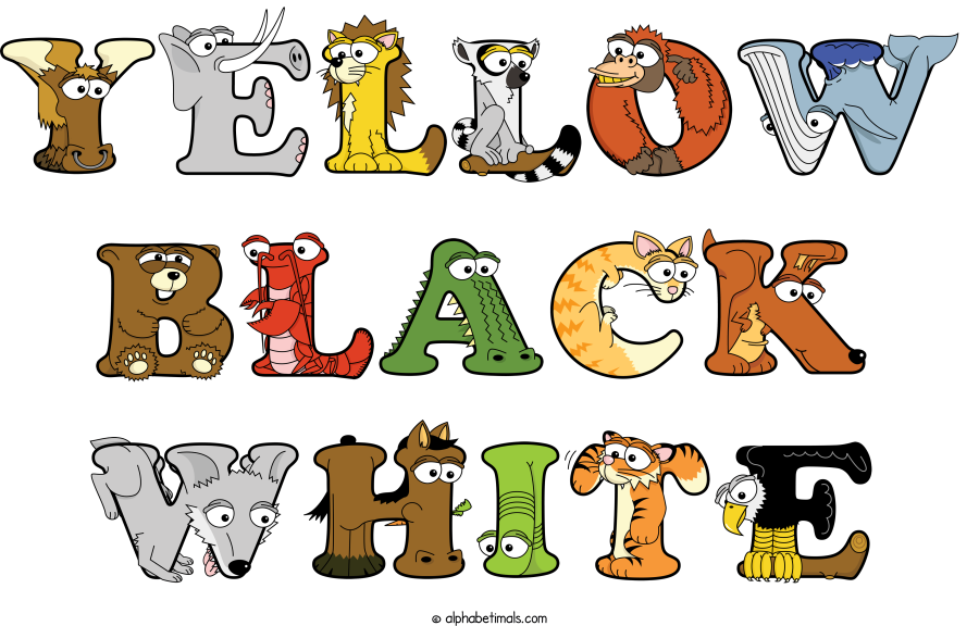 Yellow Black White animal word art spelling Yellow Black White with Alphabetimals - cartoon alphabet animals