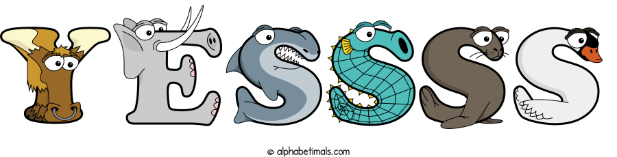 Yessss animal word art spelling Yessss with Alphabetimals - cartoon alphabet animals