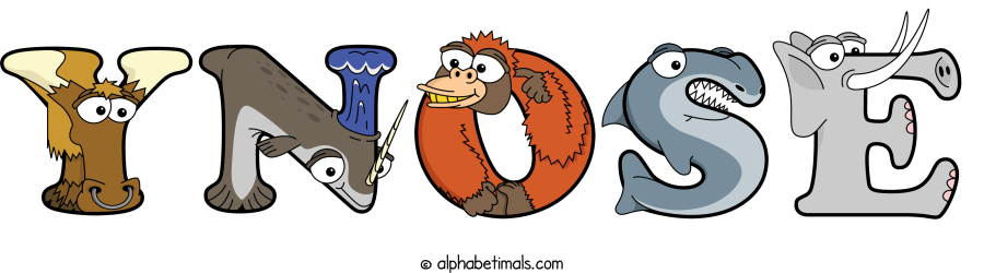 Ynose animal word art spelling Ynose with Alphabetimals - cartoon alphabet animals