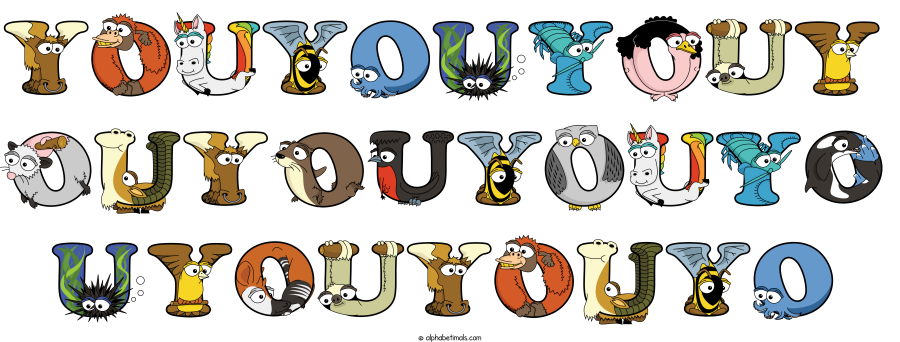 Youyouyouy Ouyouyouyo Uyouyouyo animal word art spelling Youyouyouy Ouyouyouyo Uyouyouyo with Alphabetimals - cartoon alphabet animals