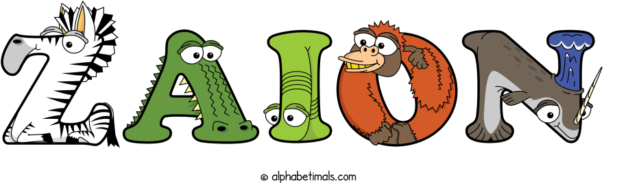 Zaion animal word art spelling Zaion with Alphabetimals - cartoon alphabet animals