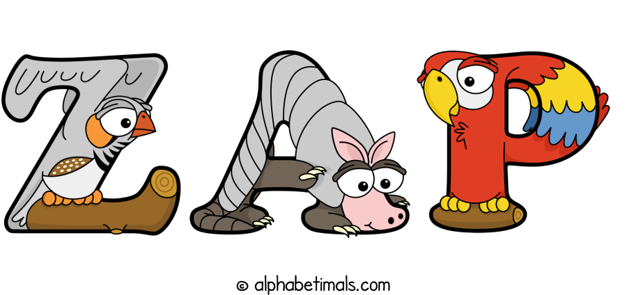 Zap animal word art spelling Zap with Alphabetimals - cartoon alphabet animals