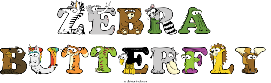 Zebra Butterfly animal word art spelling Zebra Butterfly with Alphabetimals - cartoon alphabet animals