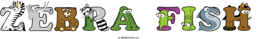 Zebra Fish animal word art spelling Zebra Fish with Alphabetimals - cartoon alphabet animals