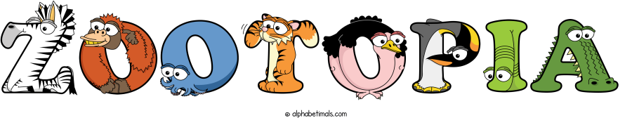 Zootopia animal word art spelling Zootopia with Alphabetimals - cartoon alphabet animals