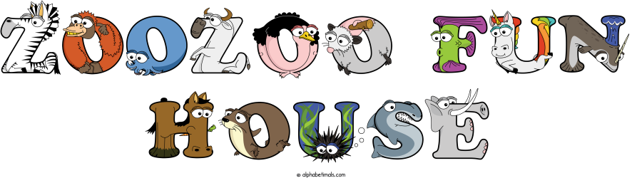 Zoozoo Fun House animal word art spelling Zoozoo Fun House with Alphabetimals - cartoon alphabet animals