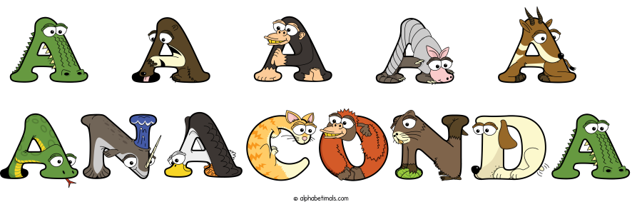 A A A A A  Anaconda animal word art spelling A A A A A  Anaconda with Alphabetimals - cartoon alphabet animals