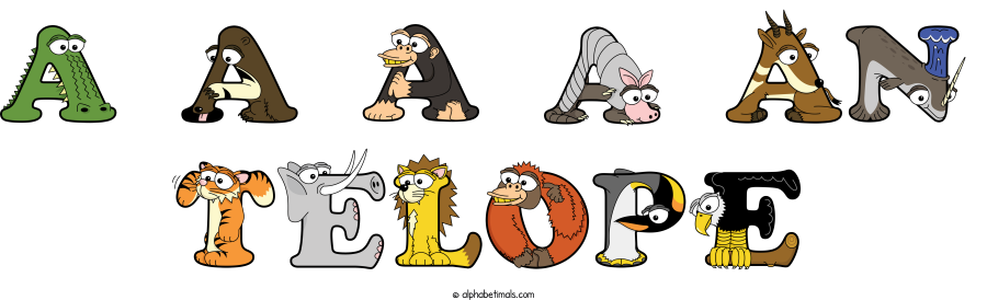 A A A A An Telope animal word art spelling A A A A An Telope with Alphabetimals - cartoon alphabet animals