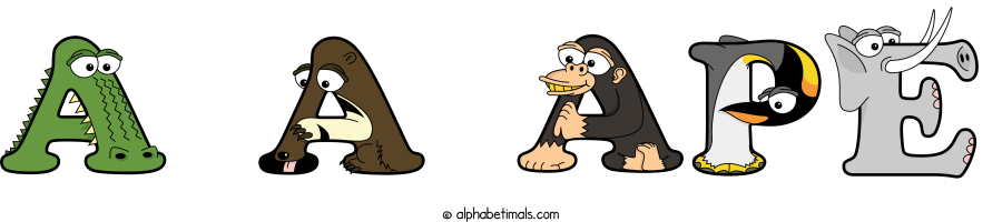 A A Ape animal word art spelling A A Ape with Alphabetimals - cartoon alphabet animals