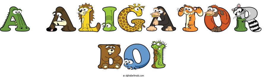 A Aligator Boi animal word art spelling A Aligator Boi with Alphabetimals - cartoon alphabet animals