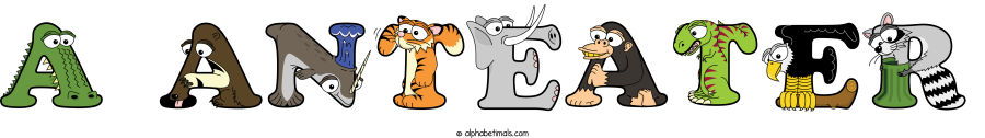 A Anteater animal word art spelling A Anteater with Alphabetimals - cartoon alphabet animals