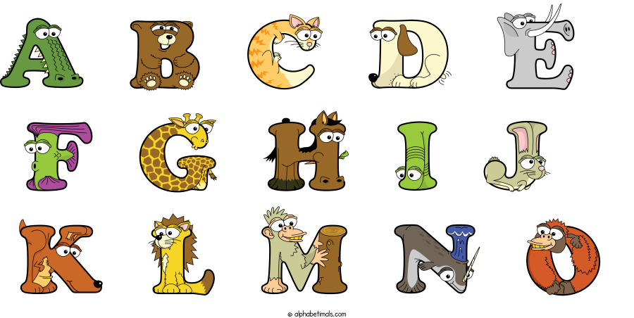 A B C D E  F G H I J  K L M N O animal word art spelling A B C D E  F G H I J  K L M N O with Alphabetimals - cartoon alphabet animals