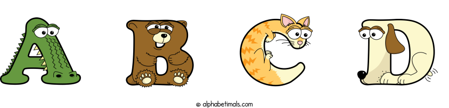 A B C D animal word art spelling A B C D with Alphabetimals - cartoon alphabet animals