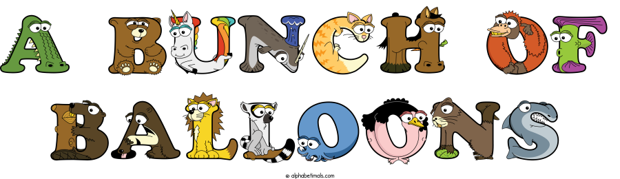 A Bunch Of Balloons animal word art spelling A Bunch Of Balloons with Alphabetimals - cartoon alphabet animals