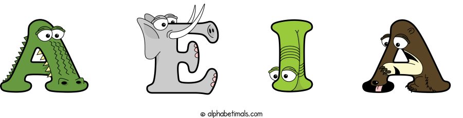 A E I A animal word art spelling A E I A with Alphabetimals - cartoon alphabet animals