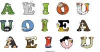 a-e-i-o-u--u-o-i-e-a--a-e-i-o-u spelled using animal alphabet letters
