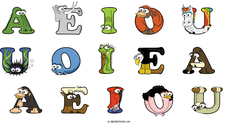 A E I O U  U O I E A  A E I O U animal word art spelling A E I O U  U O I E A  A E I O U with Alphabetimals - cartoon alphabet animals