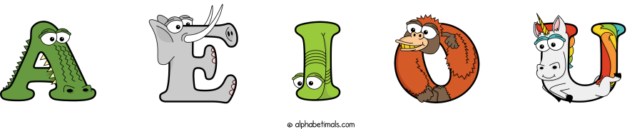 A E I O U animal word art spelling A E I O U with Alphabetimals - cartoon alphabet animals