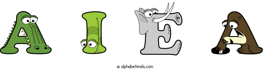 A I E A animal word art spelling A I E A with Alphabetimals - cartoon alphabet animals
