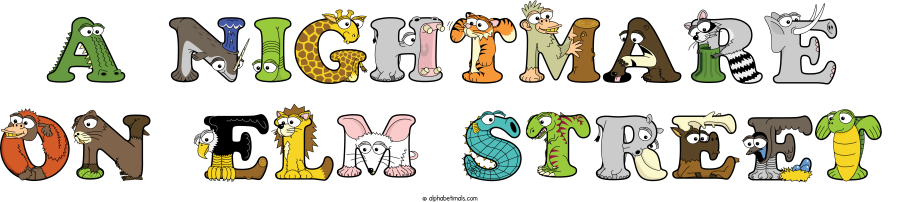 A Nightmare On Elm Street animal word art spelling A Nightmare On Elm Street with Alphabetimals - cartoon alphabet animals