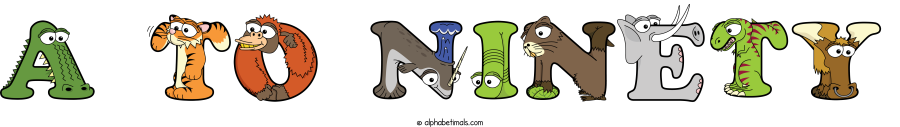 A To Ninety animal word art spelling A To Ninety with Alphabetimals - cartoon alphabet animals