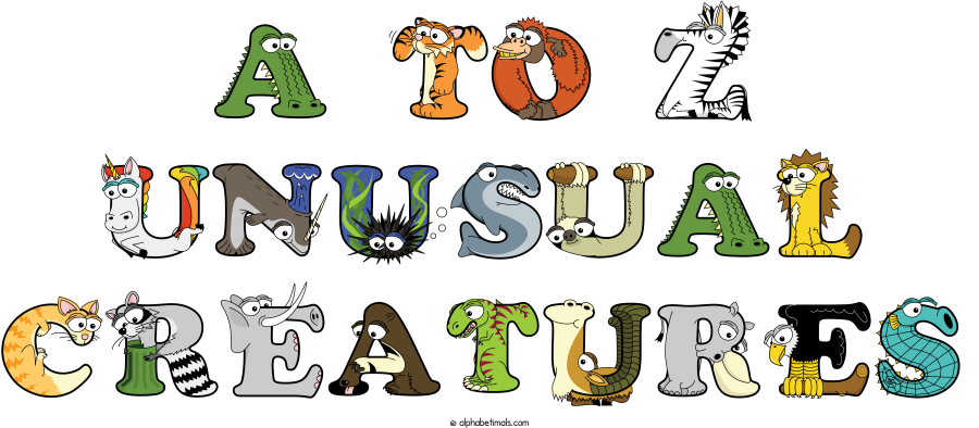 A To Z Unusual Creatures animal word art spelling A To Z Unusual Creatures with Alphabetimals - cartoon alphabet animals