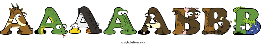 Aaaaabbb animal word art spelling Aaaaabbb with Alphabetimals - cartoon alphabet animals