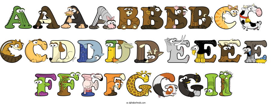 Aaaabbbbcc Ccddddeeee Ffffgggii animal word art spelling Aaaabbbbcc Ccddddeeee Ffffgggii with Alphabetimals - cartoon alphabet animals