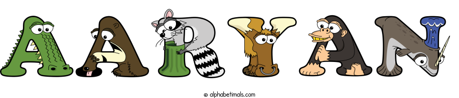 Aaryan animal word art spelling Aaryan with Alphabetimals - cartoon alphabet animals