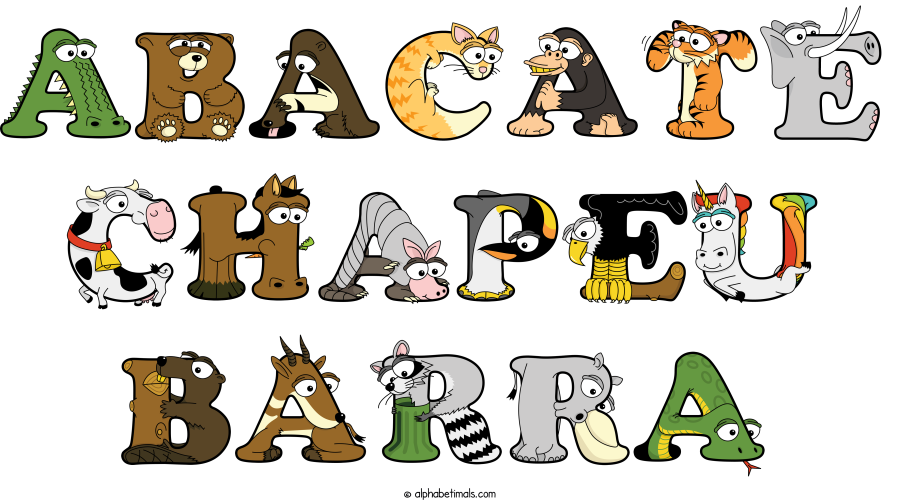 Abacate Chapeu Barra animal word art spelling Abacate Chapeu Barra with Alphabetimals - cartoon alphabet animals
