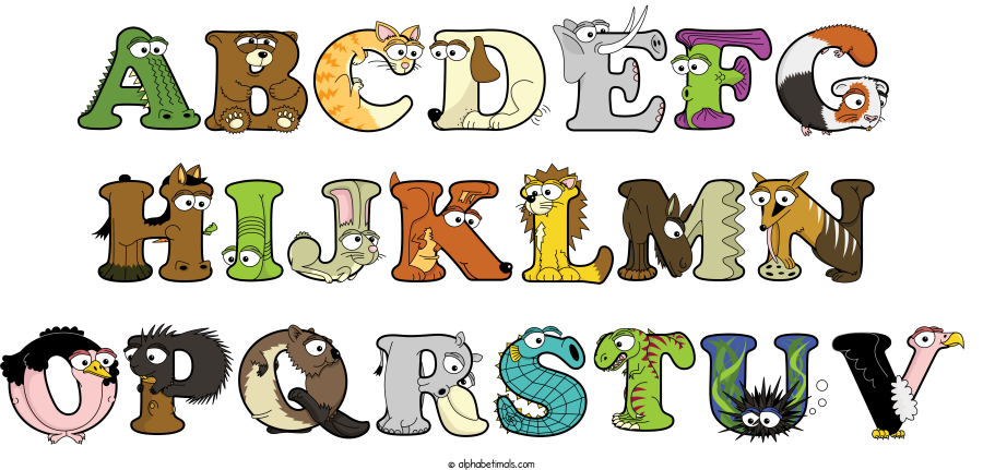 Abcdefg Hijklmn Opqrstuv animal word art spelling Abcdefg Hijklmn Opqrstuv with Alphabetimals - cartoon alphabet animals