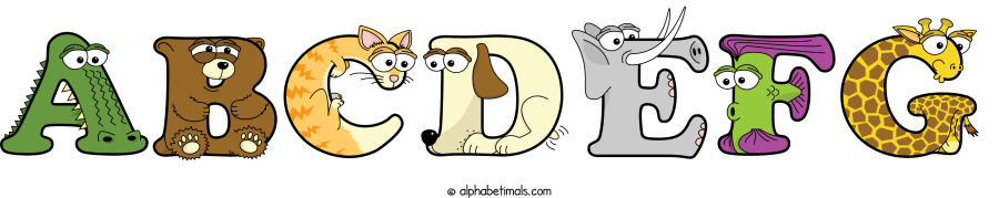 Abcdefg animal word art spelling Abcdefg with Alphabetimals - cartoon alphabet animals