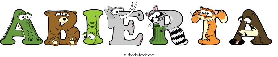 Abierta animal word art spelling Abierta with Alphabetimals - cartoon alphabet animals
