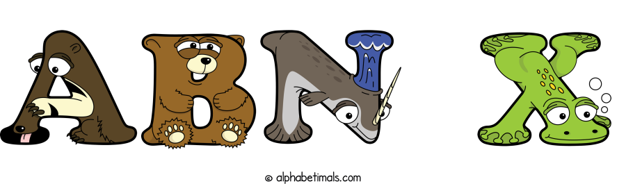 Abn X animal word art spelling Abn X with Alphabetimals - cartoon alphabet animals