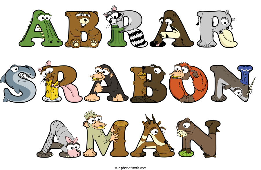 Abrar Srabon Aman animal word art spelling Abrar Srabon Aman with Alphabetimals - cartoon alphabet animals