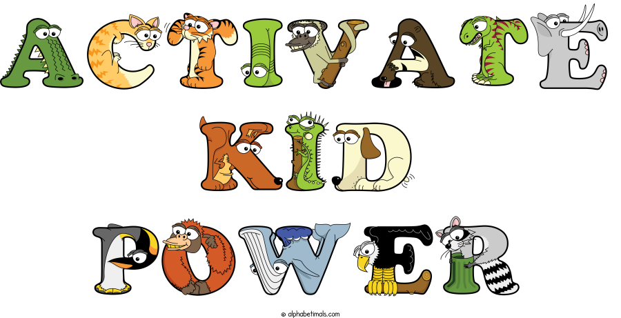 Activate Kid Power animal word art spelling Activate Kid Power with Alphabetimals - cartoon alphabet animals