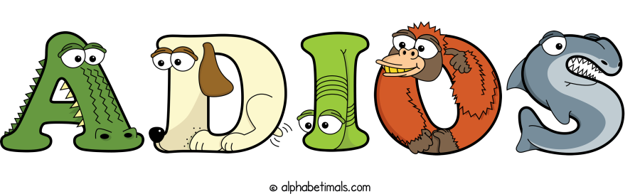 Adios animal word art spelling Adios with Alphabetimals - cartoon alphabet animals