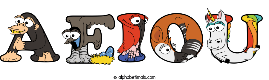 Aeiou animal word art spelling Aeiou with Alphabetimals - cartoon alphabet animals