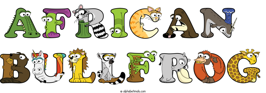 African  Bullfrog animal word art spelling African  Bullfrog with Alphabetimals - cartoon alphabet animals