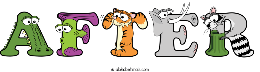 After animal word art spelling After with Alphabetimals - cartoon alphabet animals