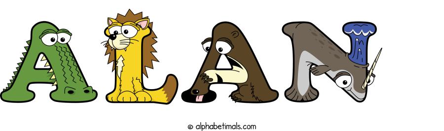 Alan animal word art spelling Alan with Alphabetimals - cartoon alphabet animals
